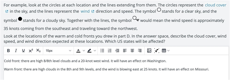 The map shows a complete surface weather map. Study the various symbols and abbreviations-example-1