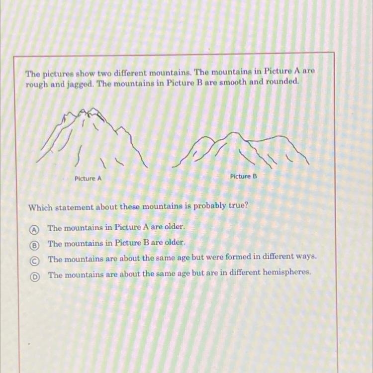 The pictures show two different mountains. The mountains in Picture A are rough and-example-1