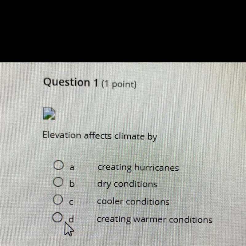 Elevation affects climate by creating hurricanes dry conditions cooler conditions-example-1