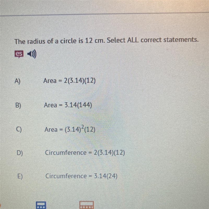 The radius of a circle is 12 cm. Select ALL correct statements.-example-1