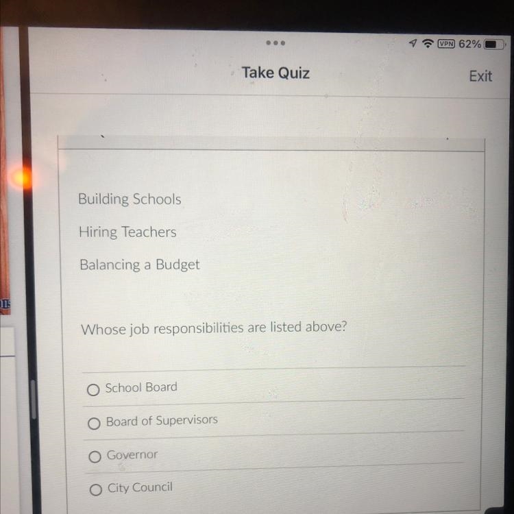 Whose job responsibilities are listed above 1. School board 2. Board of supervisors-example-1