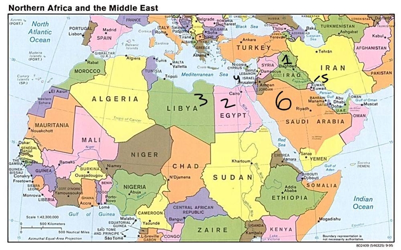 Match the country with the letter that represents it on the map. 1. A Iraq 2. B Egypt-example-1