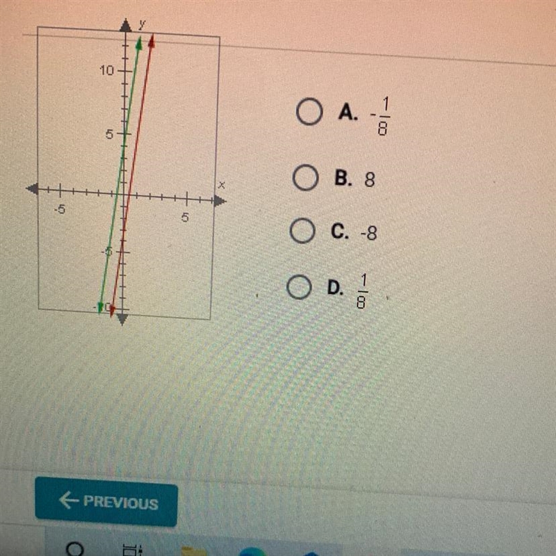 The lines shown below are parallel. If the green line has a slope of 8, what is the-example-1