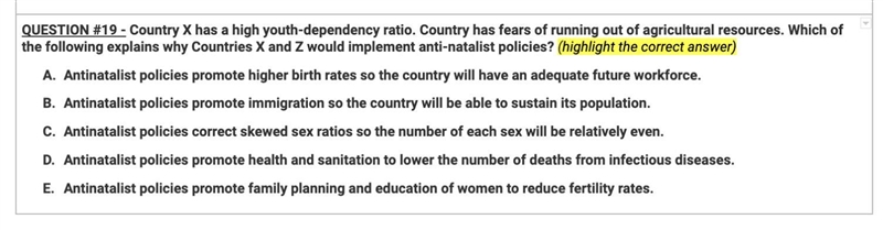 Country X has a high youth-dependency ratio. Country has fears of running out of agricultural-example-1