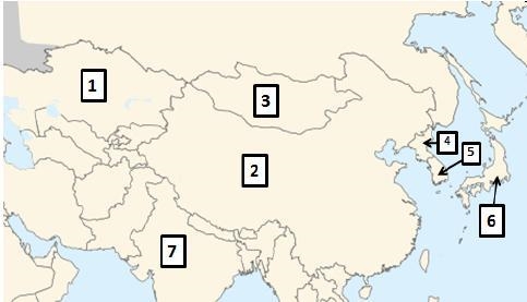 On the map above, country 6 is __________ and country 2 is __________. A. Japan . . . Mongolia-example-1