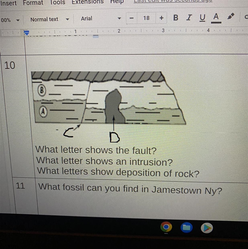 What letter shows the fault? What letter shows an intrusion? What letters show deposition-example-1