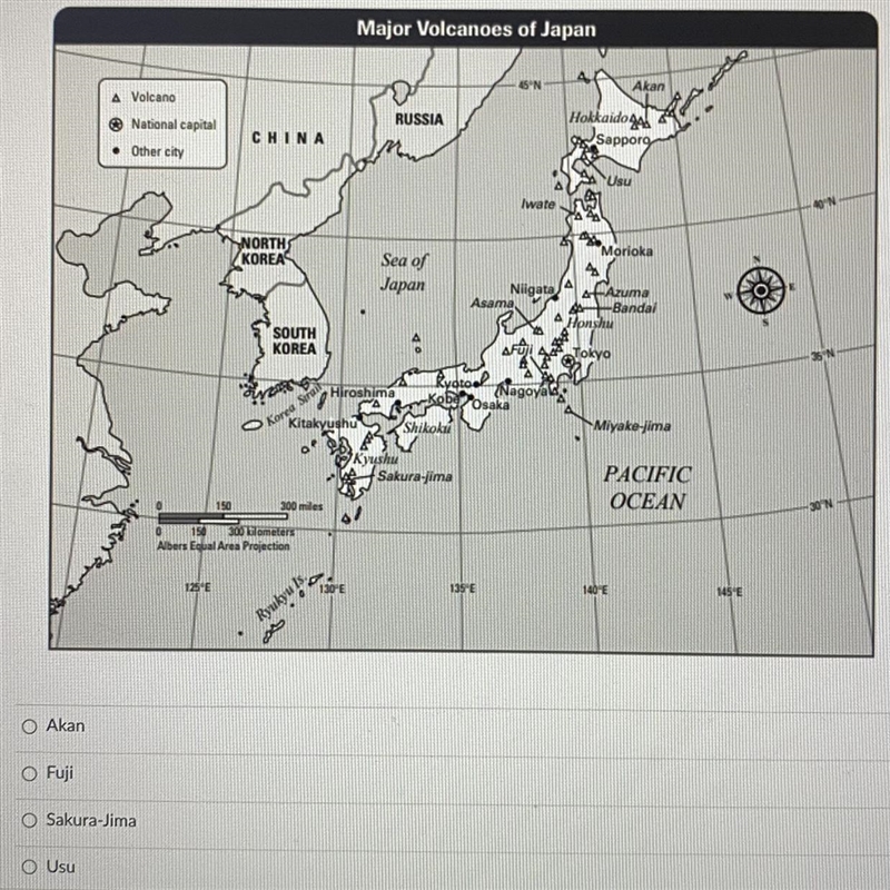 Question 6 Use the map to answer the following question: Which of the following volcanoes-example-1