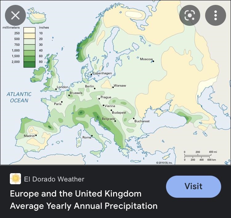 The northern region of East Europe receives about how many inches of precipitation-example-1