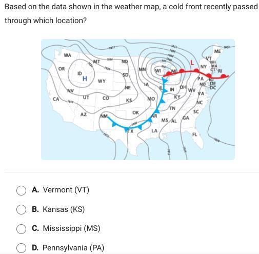 Based on the data in the weather map, a cold front passed through which area?-example-1