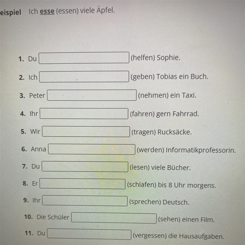 Can someone help me find the appropriate form of the verb for each sentence-example-1