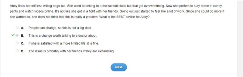 Abby finds herself less willing to go out. She used to belong to a few school clubs-example-1