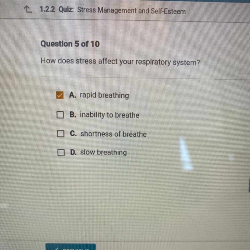 How does stress affect your respiratory system? I A. rapid breathing B. inability-example-1