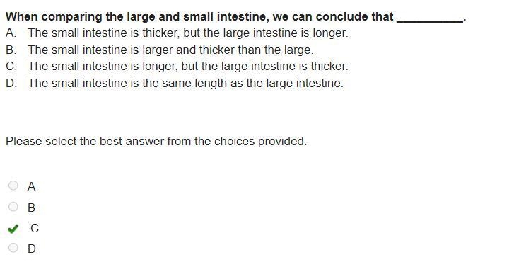 When comparing the large and small intestine, we can conclude that __________. A. The-example-1