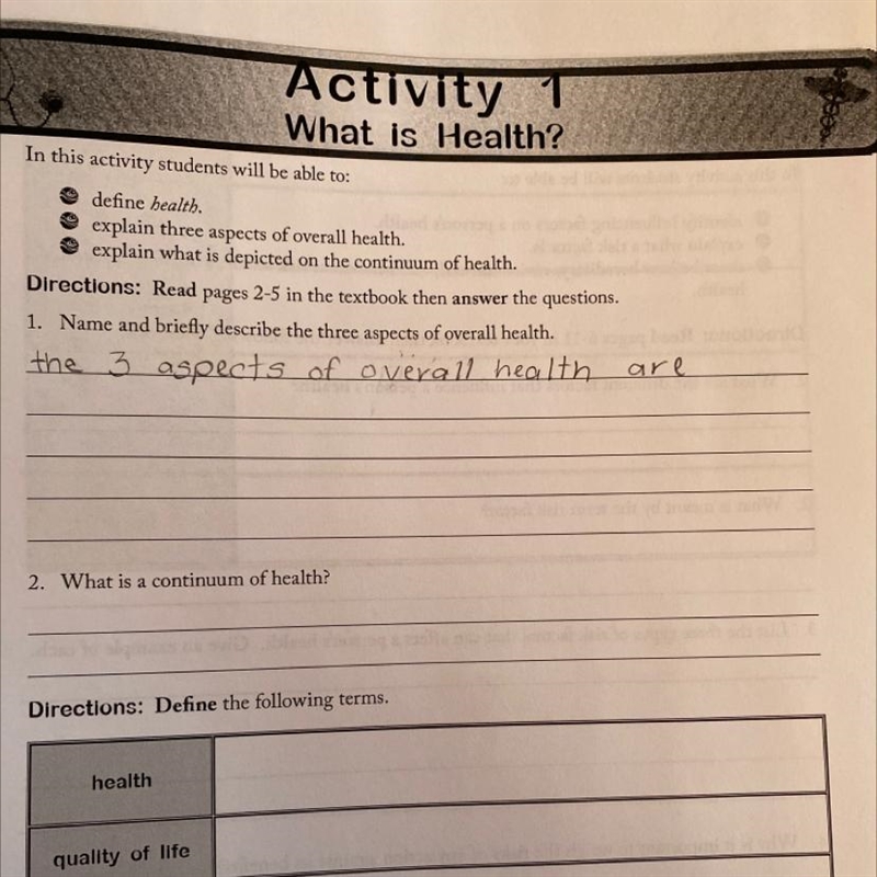 Activity What is Health? Directions: Read pages 2-5 in the textbook then answer the-example-1