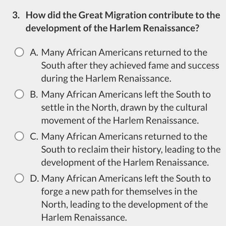 3. How did the Great Migration contribute to the development of the Harlem Renaissance-example-1