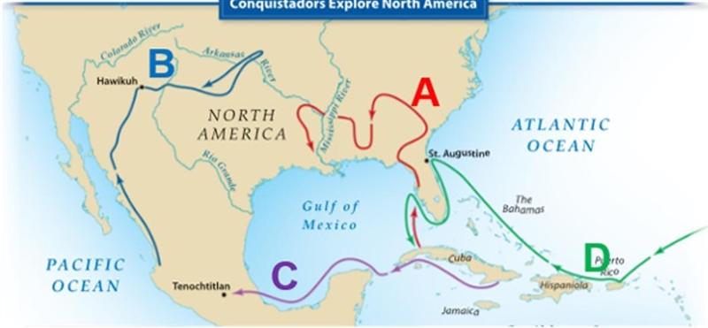 Use the map to identify the correct conquistador to the number. 1. Ponce de Leon 2. Hernando-example-1