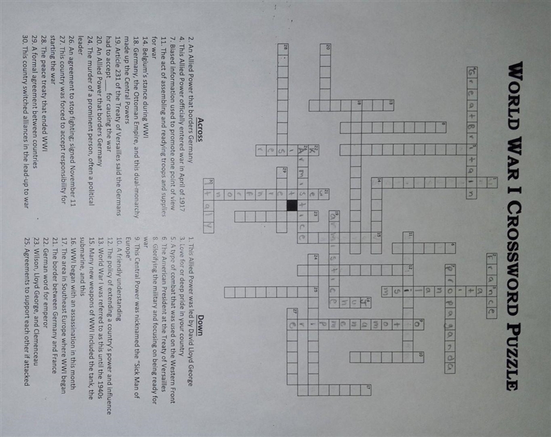 World war 1 crossword can you help me please? maybe some are wrong. WORD BANK: across-example-1