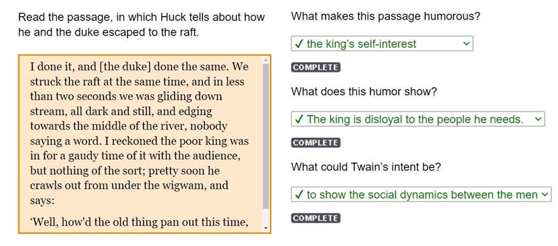 Read the passage, in which Huck tells about how he and the duke escaped to the raft-example-1