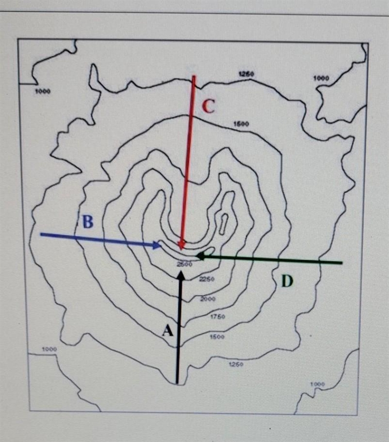 HELP ME OUT PLEASE!!!!! 2) According to the topographic map, which path would be the-example-1