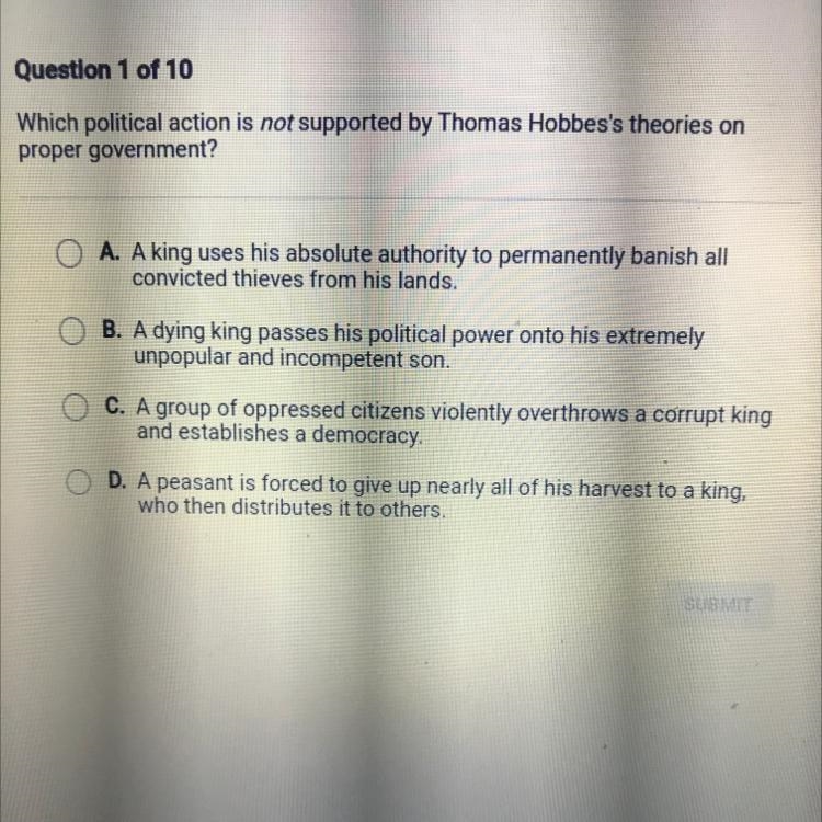 Which political action is not supported by Thomas Hobbes's theories on proper government-example-1