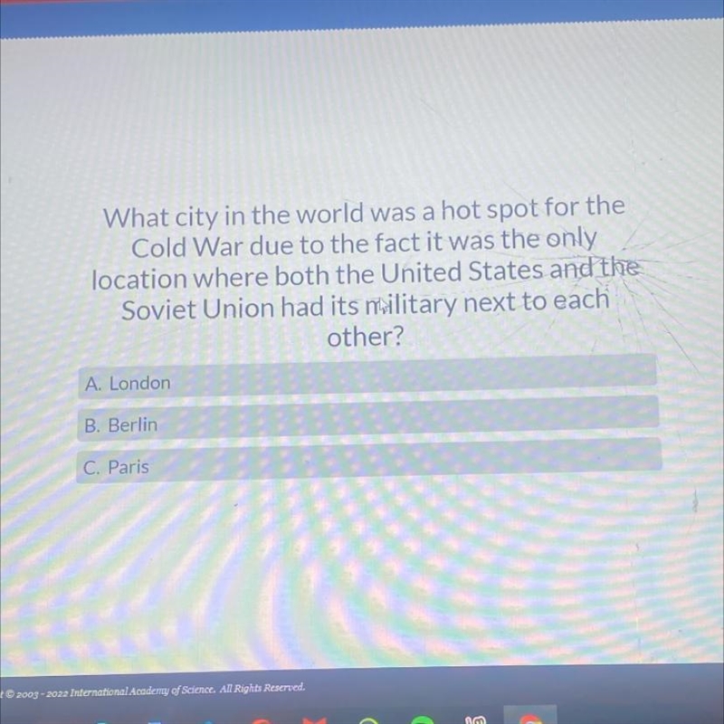 What city in the world was a hot spot for the Cold War due to the fact it was the-example-1