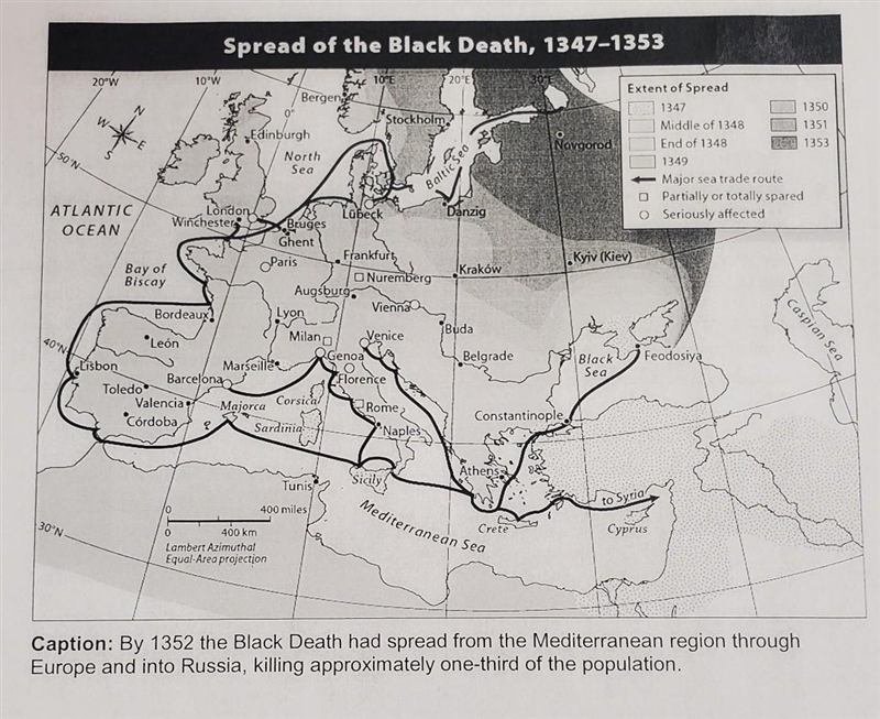 PLEASE ANSWER FAST According to the map, where did the Black Death originate in Europe-example-1