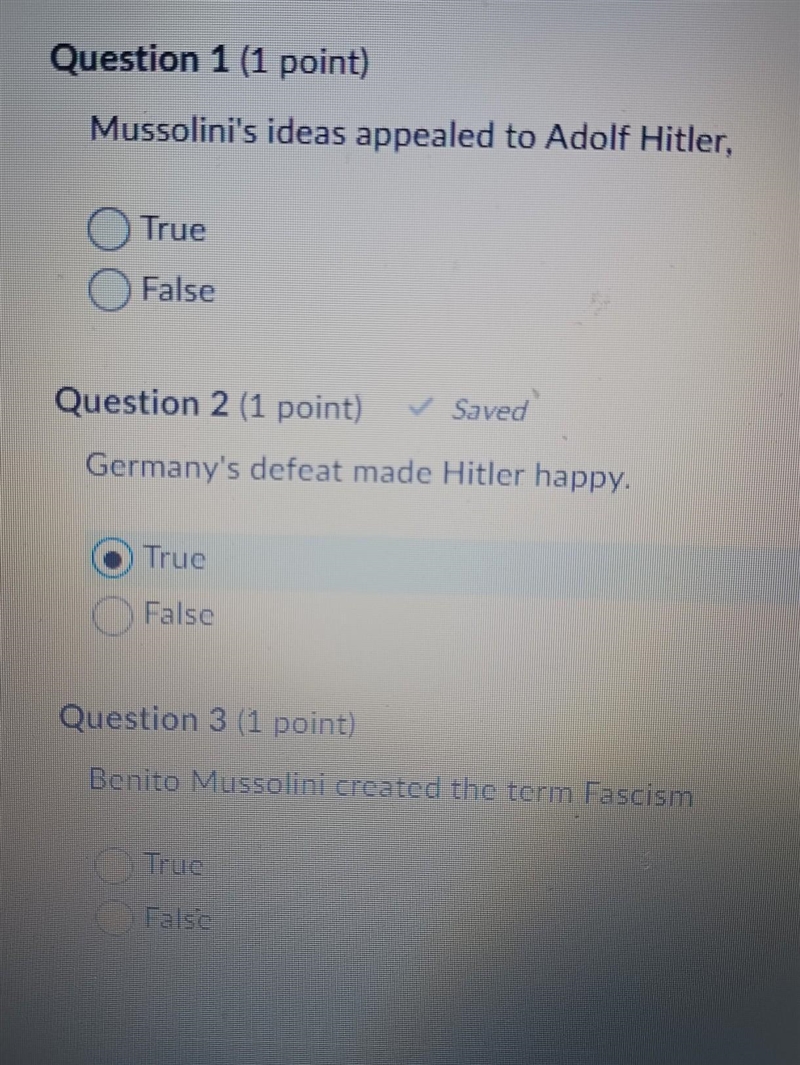 Mussolinis Ideas appealed to Adolf Hitler True False Germanys defeat made Hitler happy-example-1