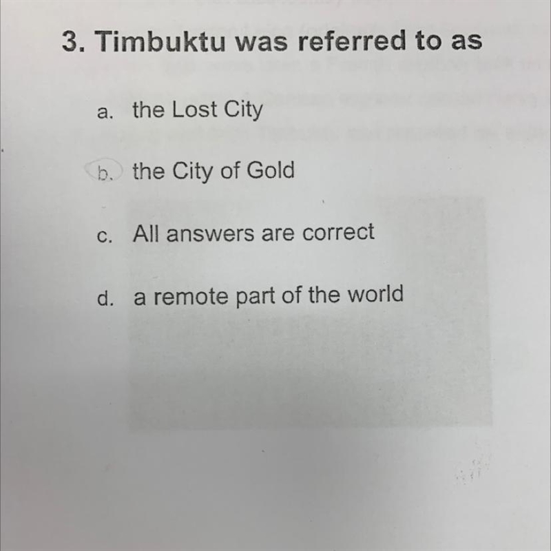 Timbuktu was referred to as … I know I circled one in , but there are 2 correct here-example-1