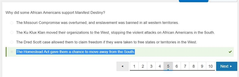 Why did some African Americans support Manifest Destiny? A. The Missouri Compromise-example-1