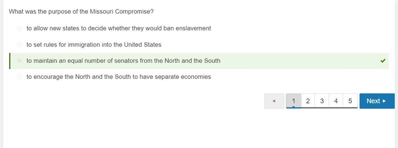 What was the purpose of the Missouri Compromise? to maintain an equal number of senators-example-1