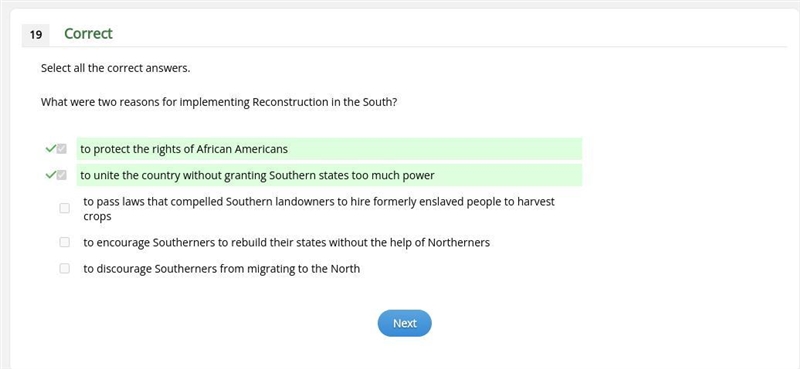 What were two reasons for implementing Reconstruction in the South? to protect the-example-1