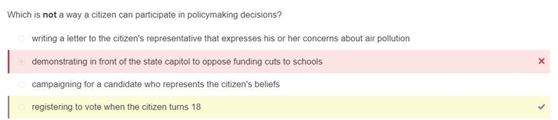 Which is not a way a citizen can participate in policymaking decisions? A. campaigning-example-1