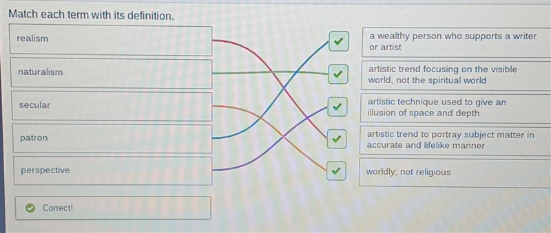 Match each term with its definition. naturalism patron realism perspective secular-example-1