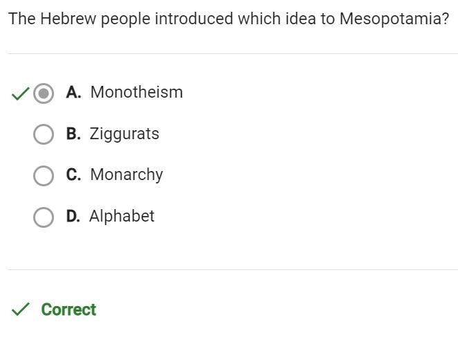 The Hebrew people introduced which idea to Mesopotamia? HELP ME ASAP PLEASE..! :( A-example-1