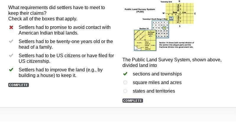 What requirements did settlers have to meet to keep their claims? check all of the-example-1