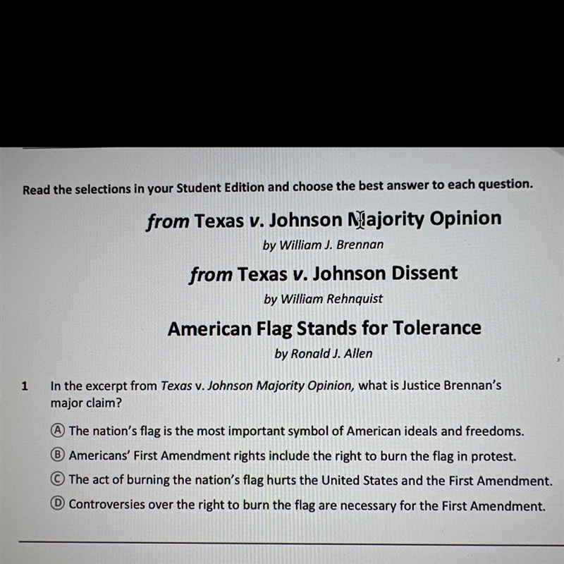 In the excerpt from Texas v.Johnson Majority Opinion, what is Justice Brennan’s major-example-1