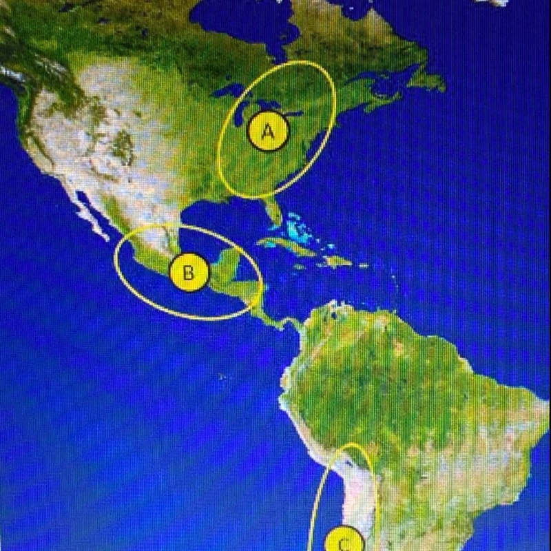 Which letter on the map below identifies the general location of Mesoamerica? A B-example-1