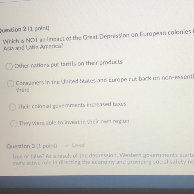 Which is NOT an impact of the Great Depression on European colonies in Africa, Asia-example-1