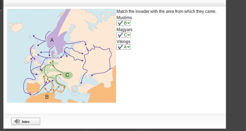 Match the invader with the area from which they came. Muslims ✔ B Magyars ✔ C Vikings-example-1