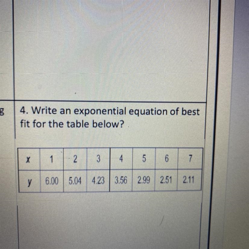 4. Write an exponential equation of best fit for the table below? X 1 2. co 3 4. 5 co-example-1