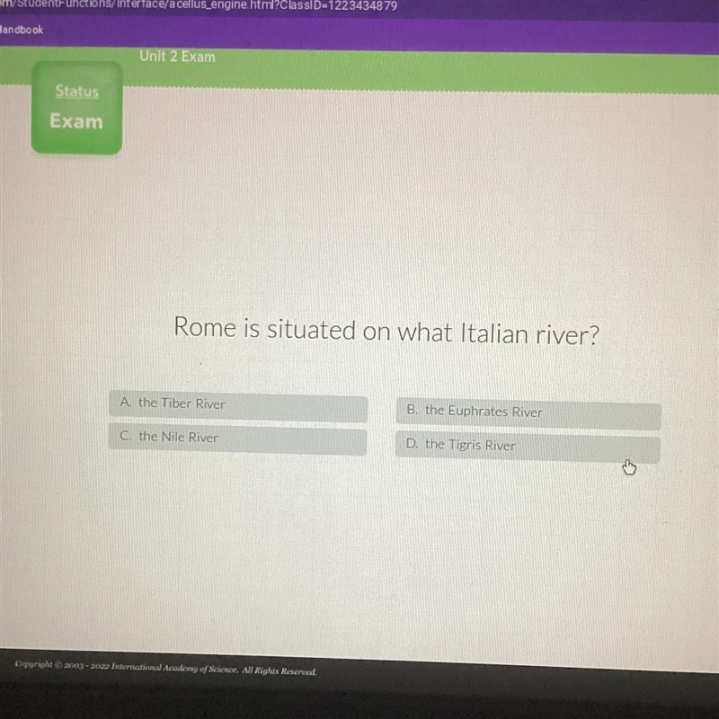 Exam question! Rome is situated on what Italian river?-example-1