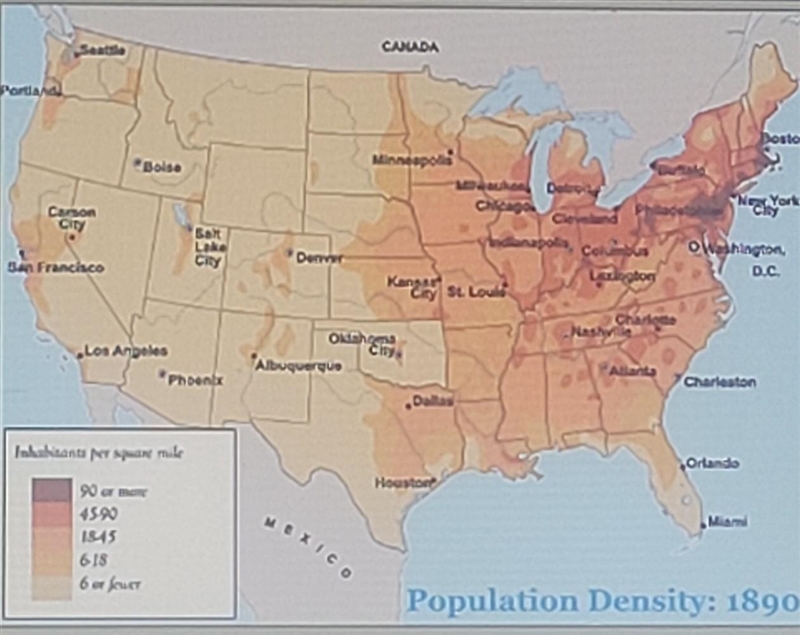 What is the most densely populated region in the United States? A) the area between-example-1