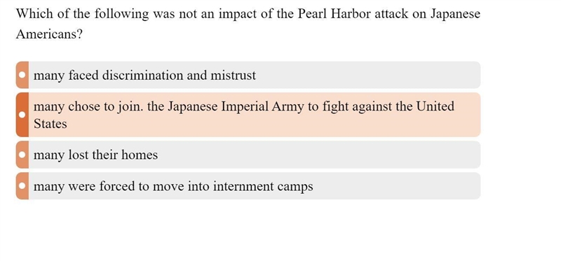 Which of the following was not an impact of the Pearl Harbor attack on Japanese Americans-example-1