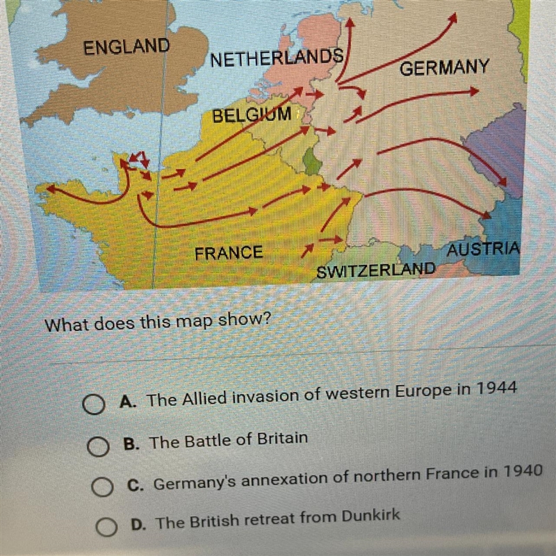 PLEASE HELP ASAP THANK YOU !!! What does this map show? A. The Allied invasion of-example-1