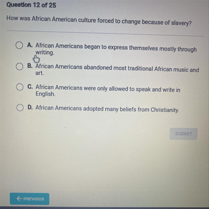 How was African American culture forced to change because of slavery?-example-1