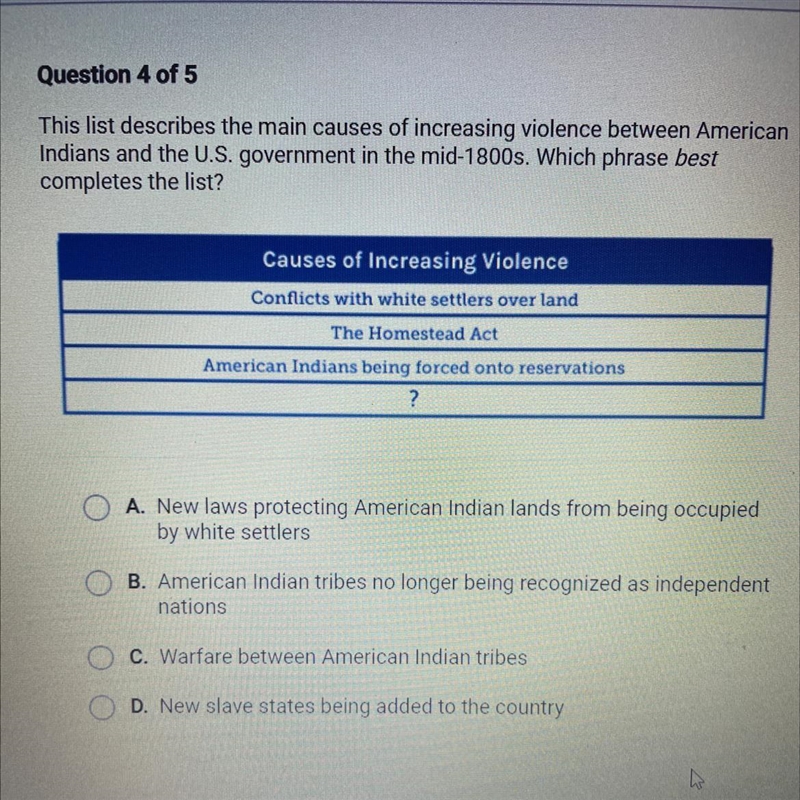 Question 4 of 5 This list describes the main causes of increasing violence between-example-1