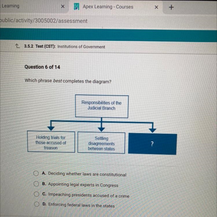 Which phrase best completes the diagram? Responsibilities of the Judicial Branch Holding-example-1