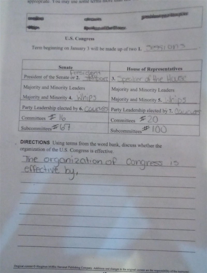 Using terms from the word bank, discuss whether the organization of the U.S. Congress-example-1