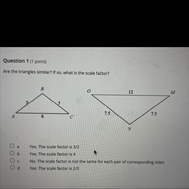 Are the triangles similar? if so what is the scale factor?-example-1