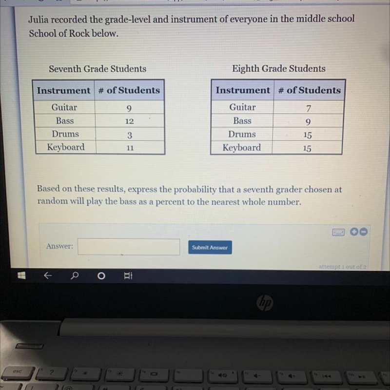 Julia recorded the grade-level and instrument of everyone in the middle school School-example-1